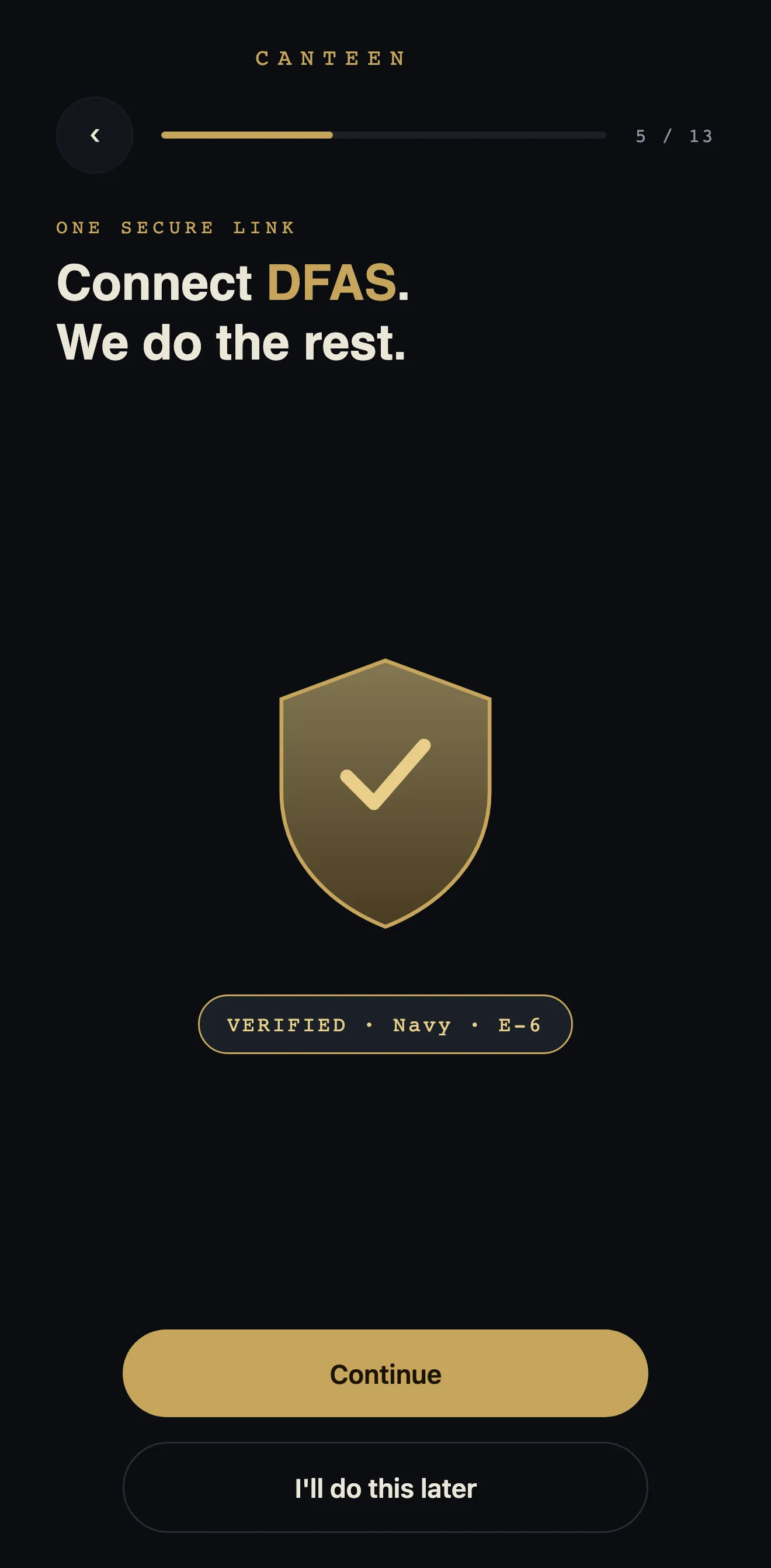 Connect DFAS, we do the rest: a shield struck with a check mark, and a marker reading confirmed, Navy, E-6.