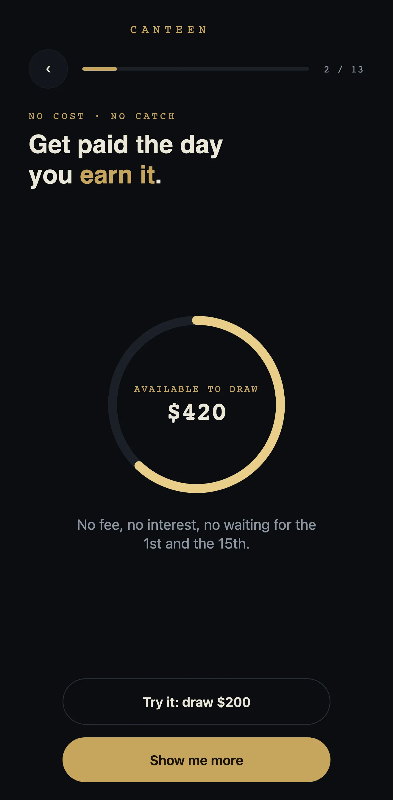 Get paid the day you earn it: a brass dial reading $420 available to draw, over the words no fee, no interest, no waiting for the 1st and the 15th.
