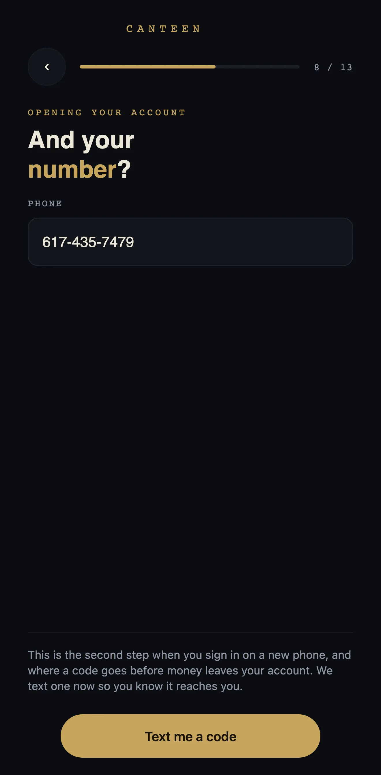 And your number: a phone field, under a note that this is the second step when you sign in on a new phone, and where a code goes before money leaves your account.