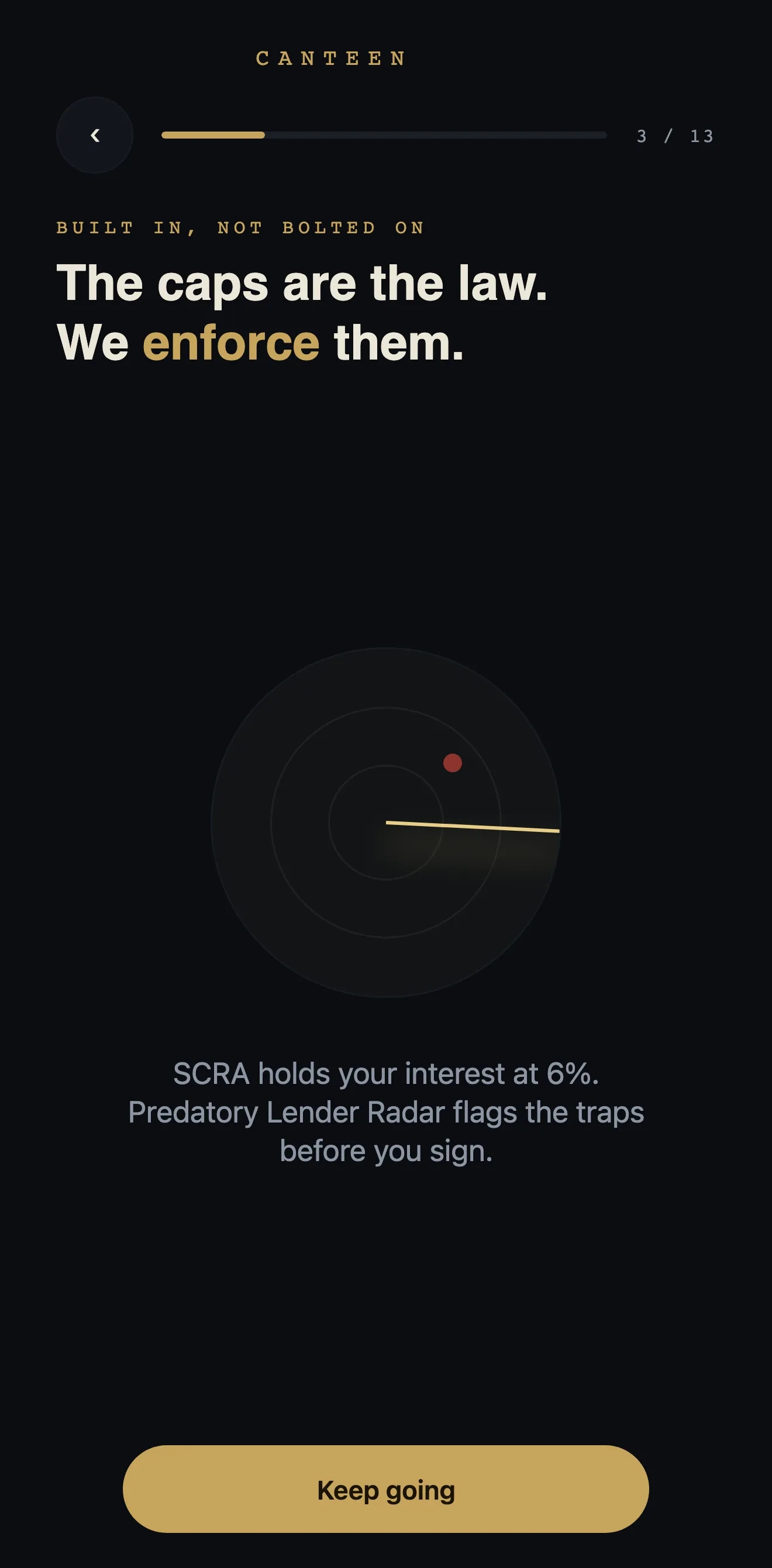 The caps are the law, we enforce them: a radar sweep with one contact lit, and a note that SCRA holds your interest at 6% and that Predatory Lender Radar flags the traps before you sign.