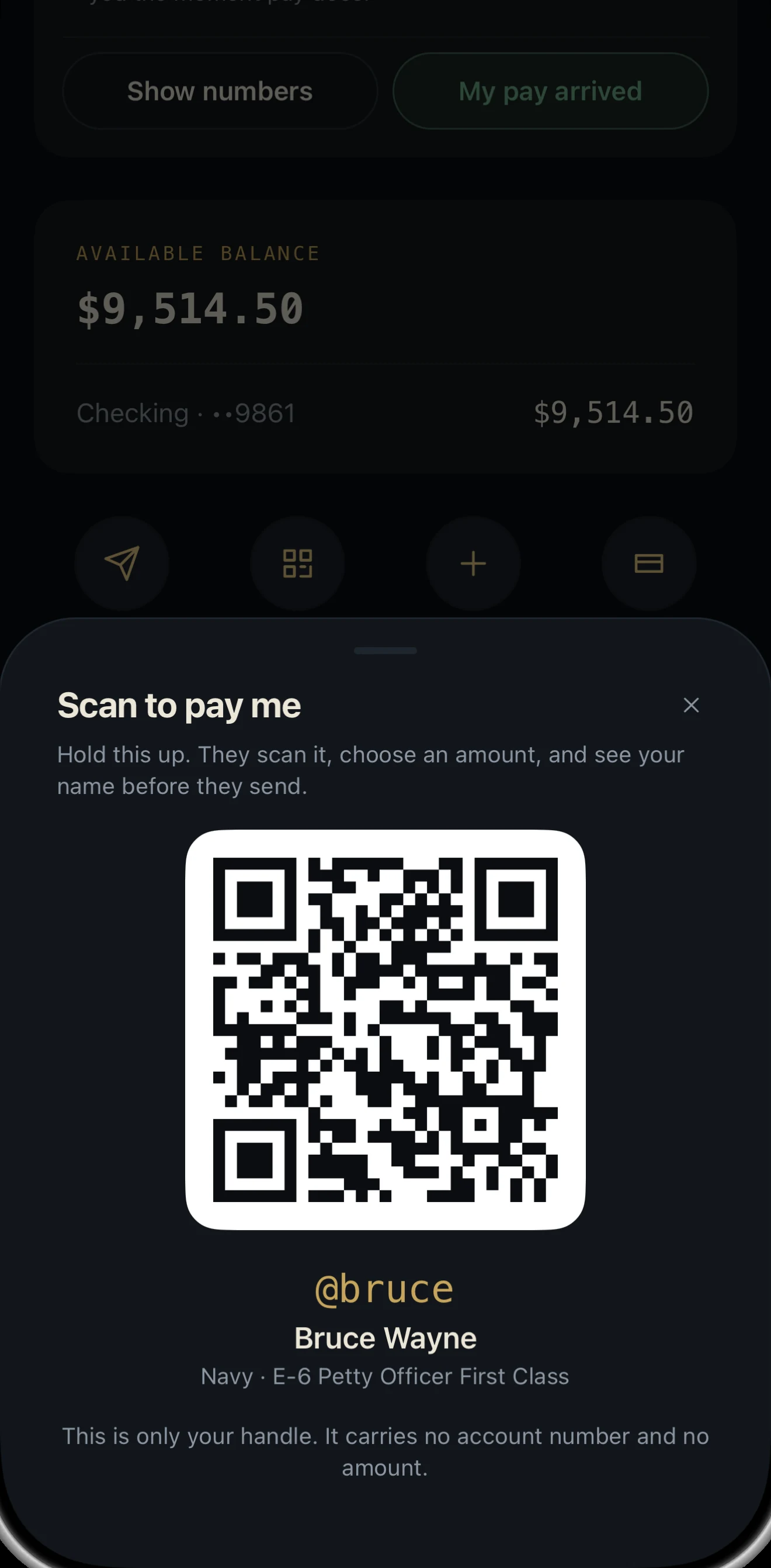 The Scan to pay me screen: a QR code over the handle @bruce, with a note that the code carries no account number and no amount.