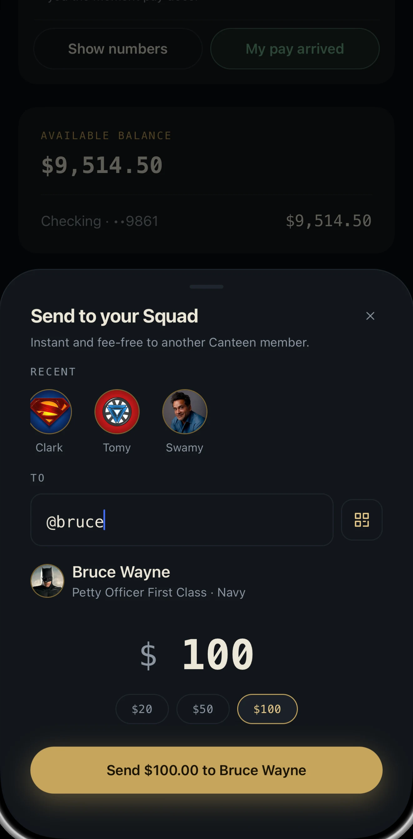 Sending money in the app. The handle @bruce has been typed in, it has resolved to Bruce Wayne, Petty Officer First Class, Navy, and the amount is $100.